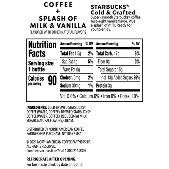 Starbucks Cold & Crafted Coffee + Splash of Milk & Vanilla Premium Coffee Drink, 325ml (Imported) - Remkart